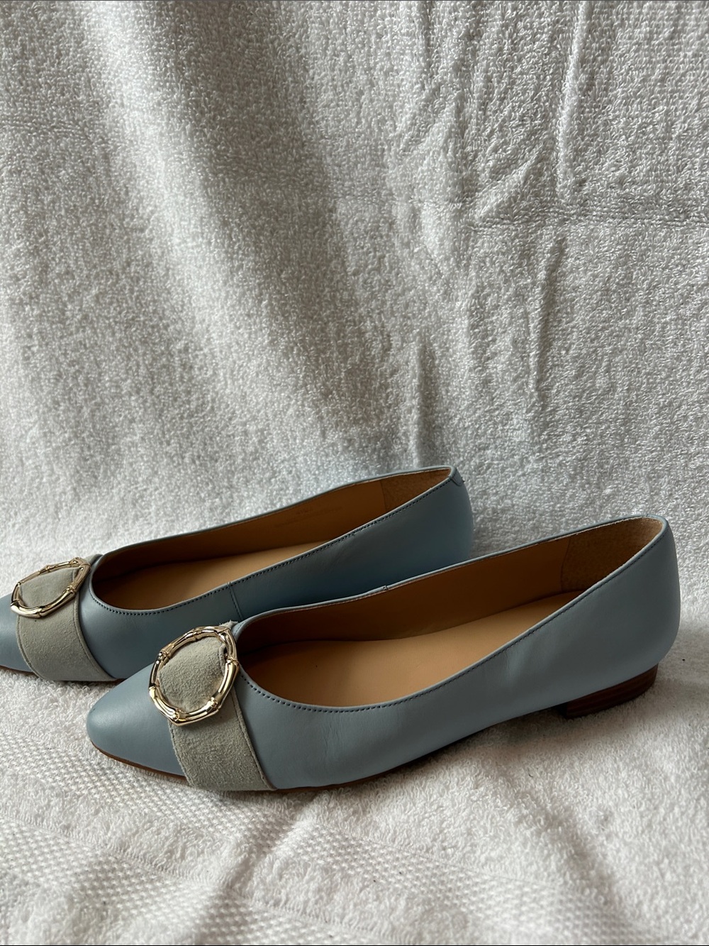 Talbots Light Blue Leather Ballet Flats with Cream Strap and Gold Buckle